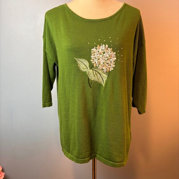 Bua/ Bua Sweater Women Small Green Embellished Embroidered 3/4 Sleeve Hydrangea - Picture 2 of 7